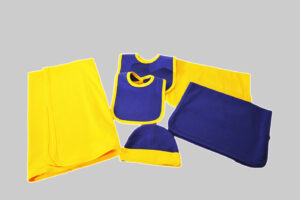baby receiving blanket, baby cap, baby bib.