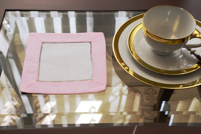 hemstitch cocktail napkin, color on color, cherry blossom border