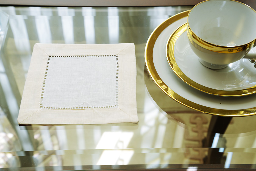 hemstitch cocktail napkin, color on color, coconut ivory border