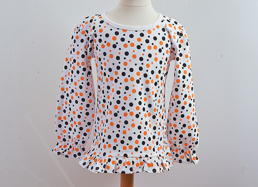 orange & black polka dot long sleeve toddler girl shirt.